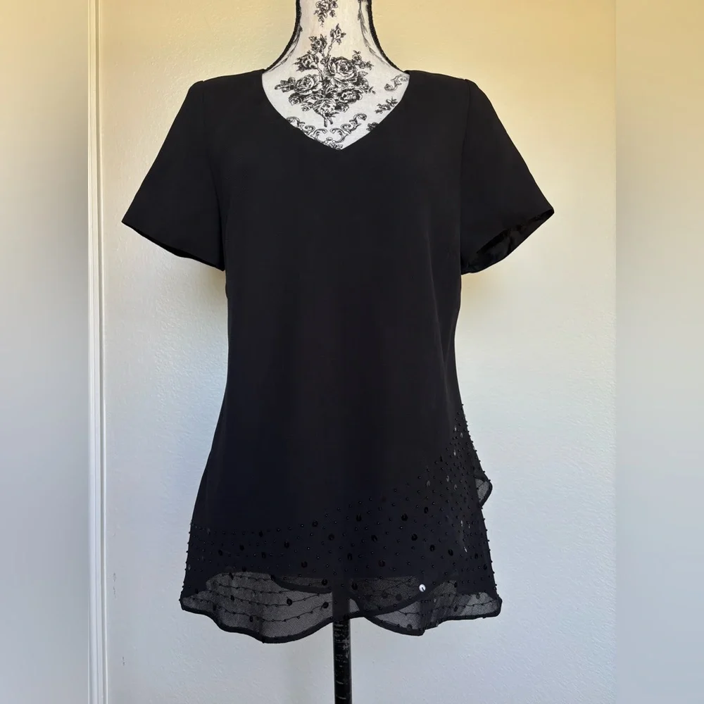 Night Way Collections Black V-Neck Short Sleeve Tunic with Hem Embellishment - Picture 1 of 13